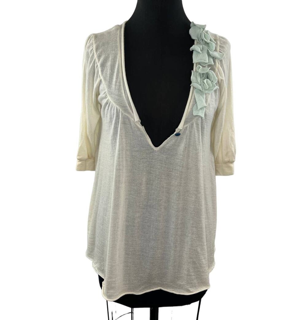 MOTHBALLS Beige Green Flower Applique Cashmere Knit Top Lightweight Sweater M